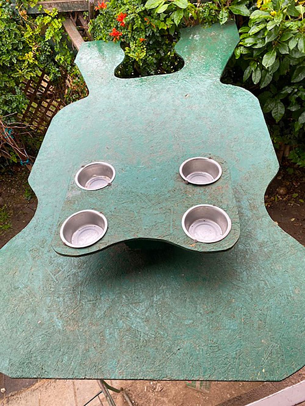 A green, four-bowl feeding platform for raccoons, set in a garden surrounded by thick green foliage.