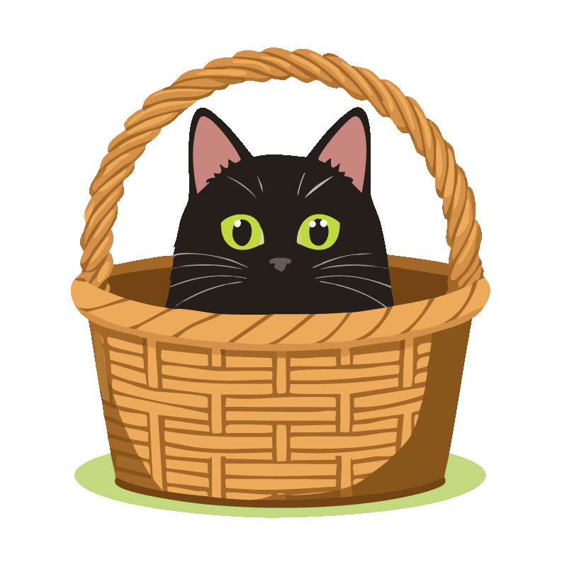 A digital illustration of a black cat inside a basket, resembling Pepper’s real-life hiding spot. Can you find Pepper?