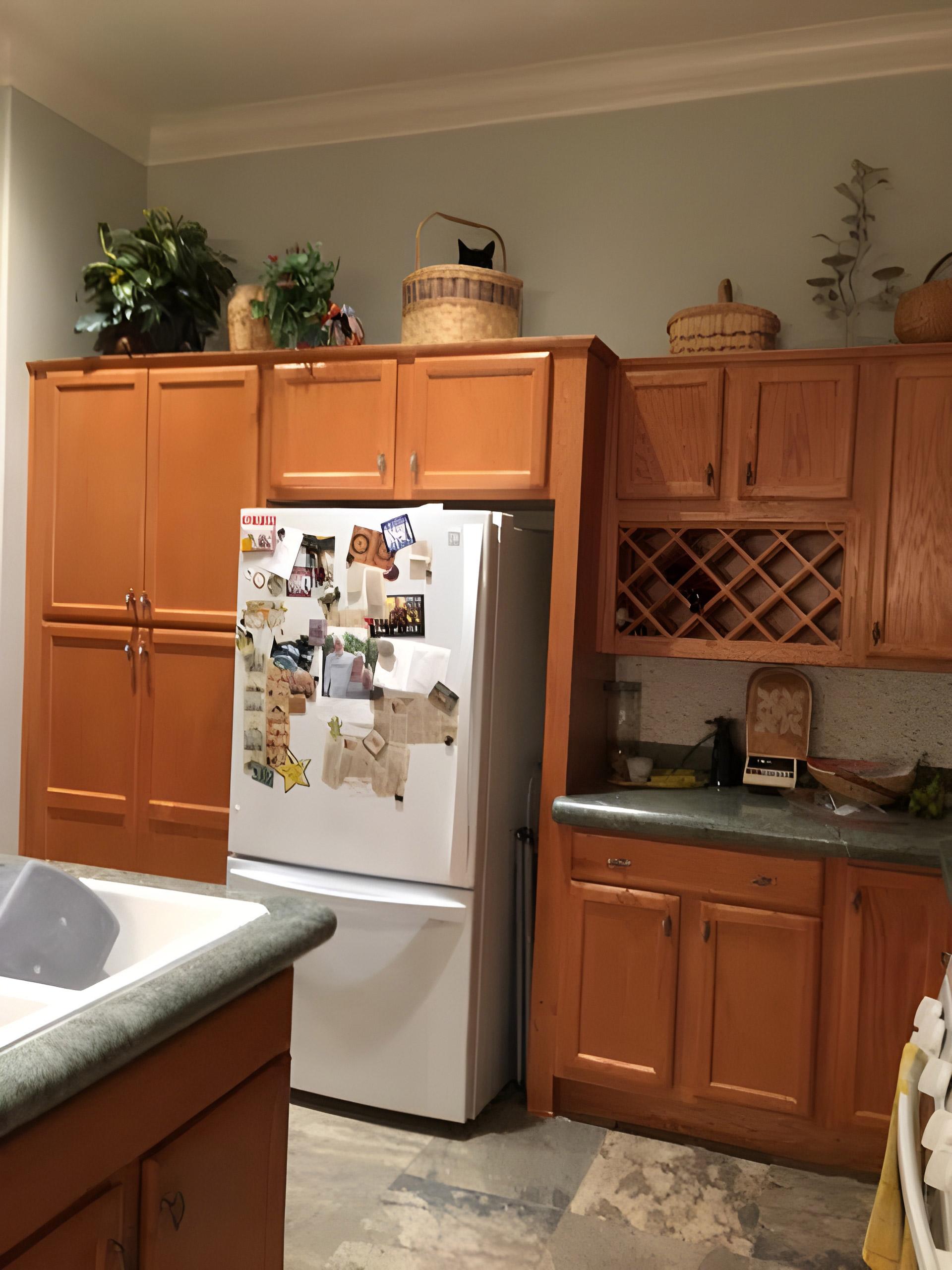 Can you find Pepper? Black cat Pepper is hidden inside a woven basket on top of the kitchen cabinets, blending in perfectly with her surroundings.