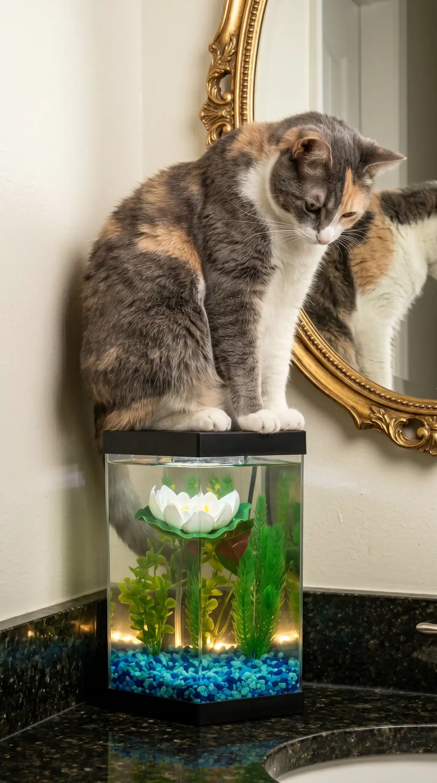 funny cat watches fish closely from top of aquarium